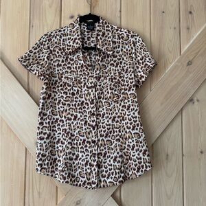 BCBGMaxAzria Leopard Print Short-Sleeve Button-Down in Brown and Cream